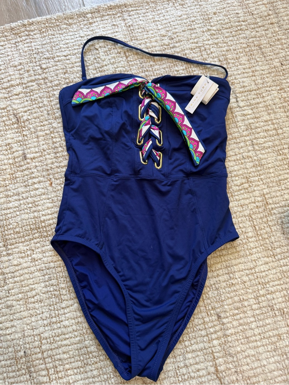 Trina Turk NWT Navy One-Piece Swimsuit with Colorful Lace-Up Tie